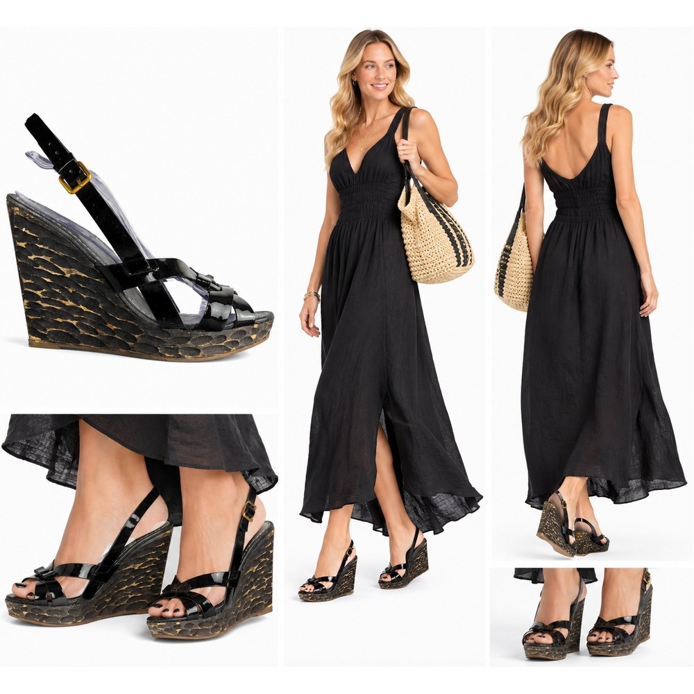 Miu Miu Sandals 10.5 IT 40.5 Boho Chic Patent Leather Carved Wood Wedge Platform